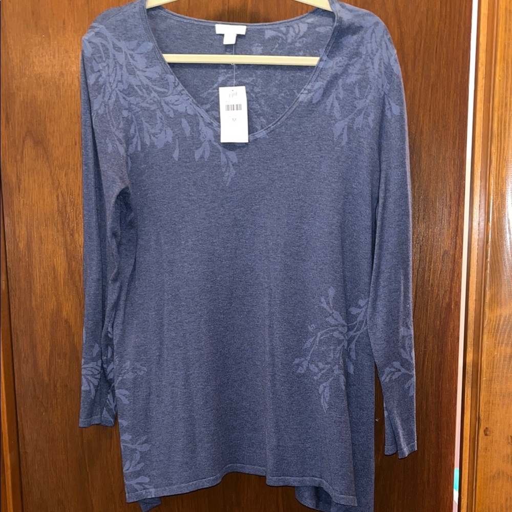 J. Jill Heathered Blue Floral-Detail V-Neck Long Sleeve Top